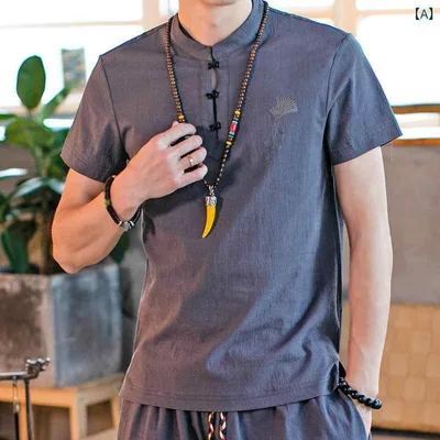 Tシャツ メンズ 中国風 漢服 レトロ 盤扣 プリント 半袖 プルオーバー 麻混素材 カジュアル 普段使い 春夏 グレー ブラック カーキ ネイビー