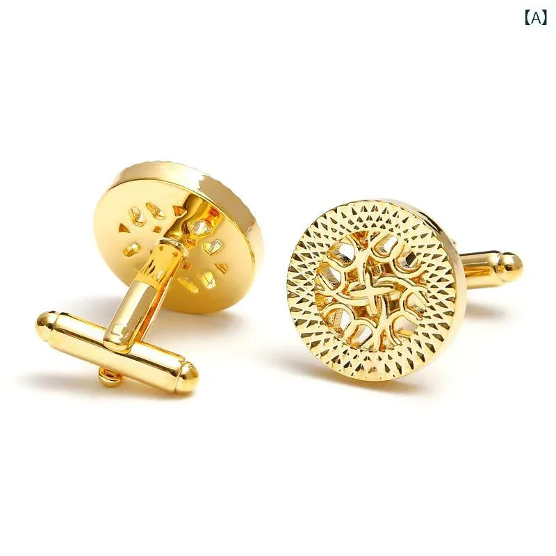 カフスボタン メンズ 丸型 シンプル 芸術的 透かし彫り フレンチスタイル 電気メッキ加工 ゴールド シルバー ビジネスシーン 日常使い 洗練デザイン エレガント モダン
