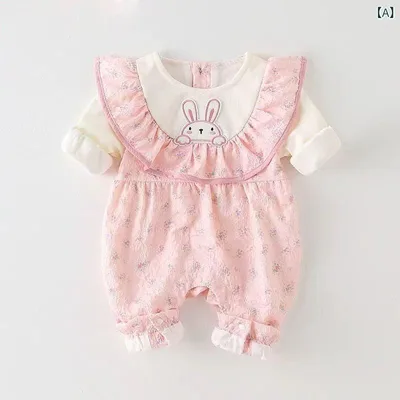 ベビー連体服 女の子 春 長袖 二重構造 外出着 綿素材 ピンク 小花柄 フリル うさぎモチーフ ロンパーススタイル 快適肌触り 安全設計 1歳から3歳向け 日常使い