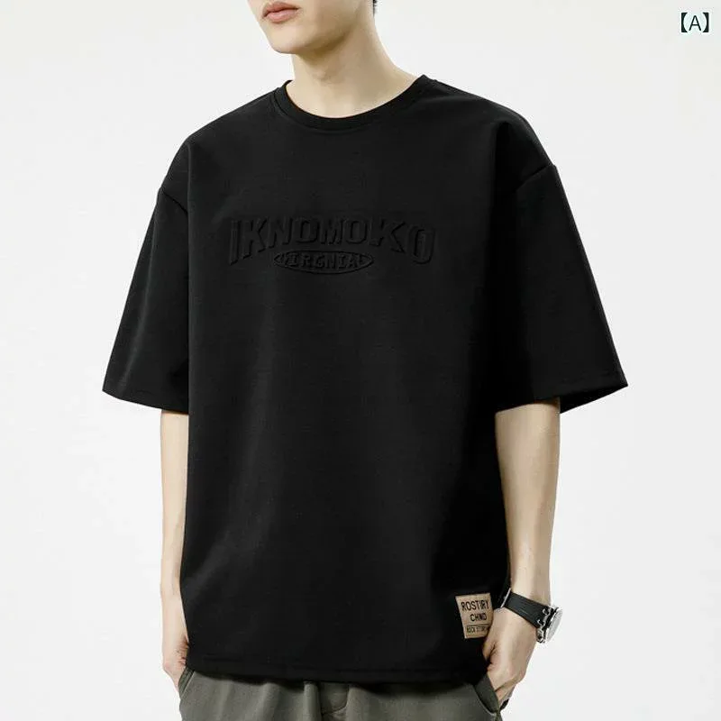 Tシャツ メンズ ゆったり 短袖 夏季 純色 ポリエステル 透気性 薄手 カジュアル クルーネック 普通袖 リブ底 クリエイティブプリント ノーアイロン処理 青年向け 日常使い 快適素材 軽量 スタンダードフィット