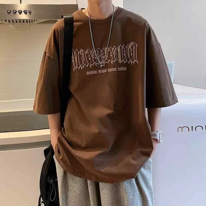 Tシャツ メンズ 半袖 コットン ゆったり オーバーサイズ 英字 プリント クルーネック ドロップショルダー トップス ストリート系 カジュアル 春夏