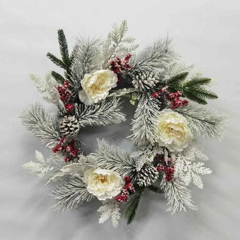 クリスマスリース 飾り 玄関 ドア掛け ドア飾り 花環 おしゃれ 造花 牡丹 松針 ホワイト インテリア 雑貨
