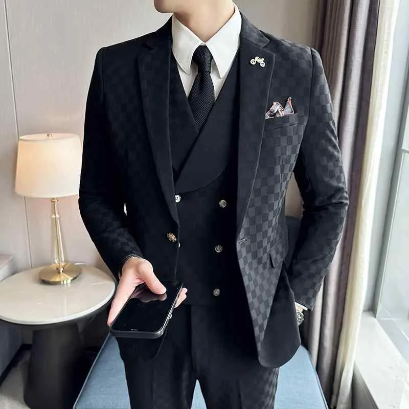 Suit Men's Slim Setup Tailored Jacket Slacks Plaid Check One Button Single Center Vent Casual Business Formal Men's Clothing