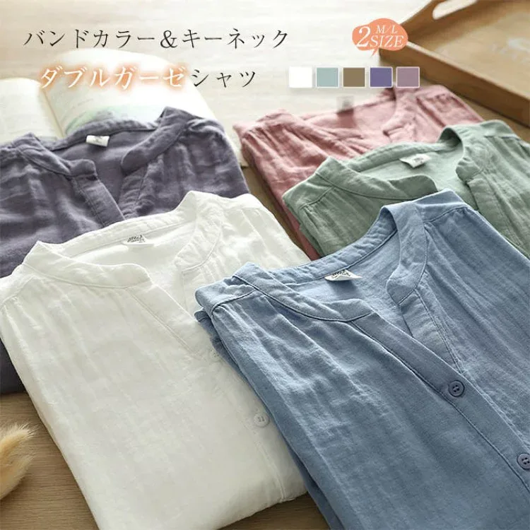 Band Collar Gauze Shirt Women's Spring Summer Autumn Double Gauze 100% Cotton Shirt Blouse Gauze Shirt Blouse Short Sleeve Long Sleeve Top Gauze Blouse Key Neck