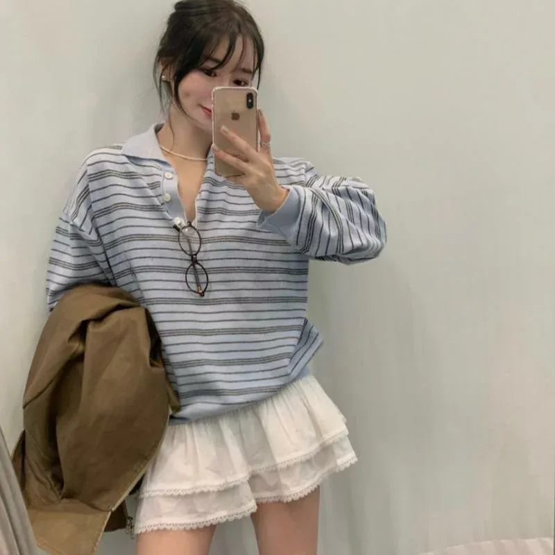 ニット レディース 韓国風 ボーダー 襟付き レトロ 奶藍色 かわいい 针织衫 トップス プルオーバー ゆったり 普段使い 長袖 秋冬