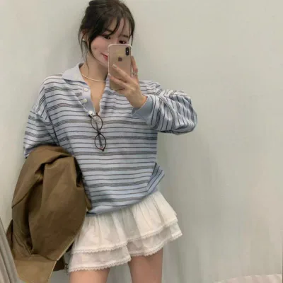 ニット レディース 韓国風 ボーダー 襟付き レトロ 奶藍色 かわいい 针织衫 トップス プルオーバー ゆったり 普段使い 長袖 秋冬