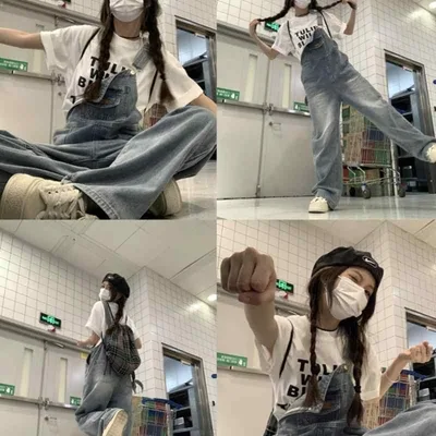 サロペット レディース デニム オールインワン ズボン パンツ ジーンズ 高身長 ワイド ゆったり ハイウエスト カジュアル ブルー 綿 春 夏 秋 冬