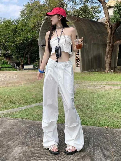 パンツ レディース 高腰 ワイドレッグ ワークパンツ ストレート ドローストリング カジュアルパンツ ポリエステル 無地 ポケット付き 春夏 秋冬 韓国風 ゆったり 普段使い