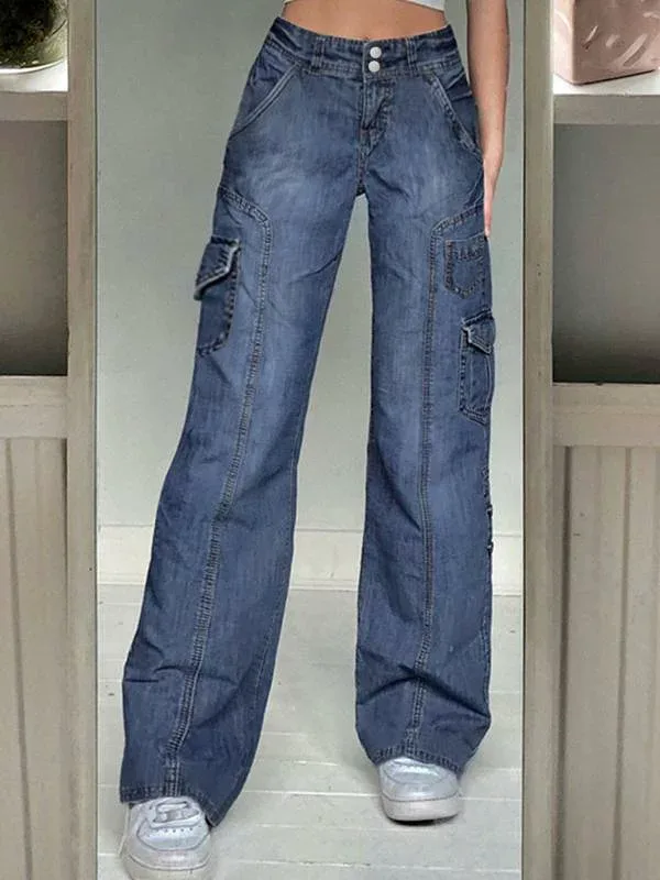 デニム レディース ハイウエスト デニムパンツ ワイドレッグ ポケット パッチワーク バギー カーゴパンツ ストリートファッション ブルー 綿 ジーパン ジーンズ Gパン