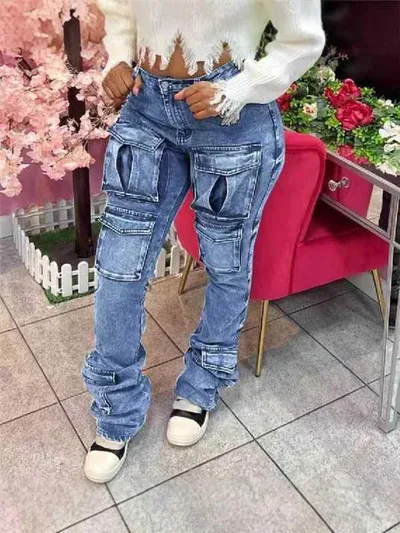 ジーンズ レディース デニム ジーパン ズボン パンツ 裾フレア ストレッチ ストリート カジュアル ゆったり ルーズ 多ポケット ブルー