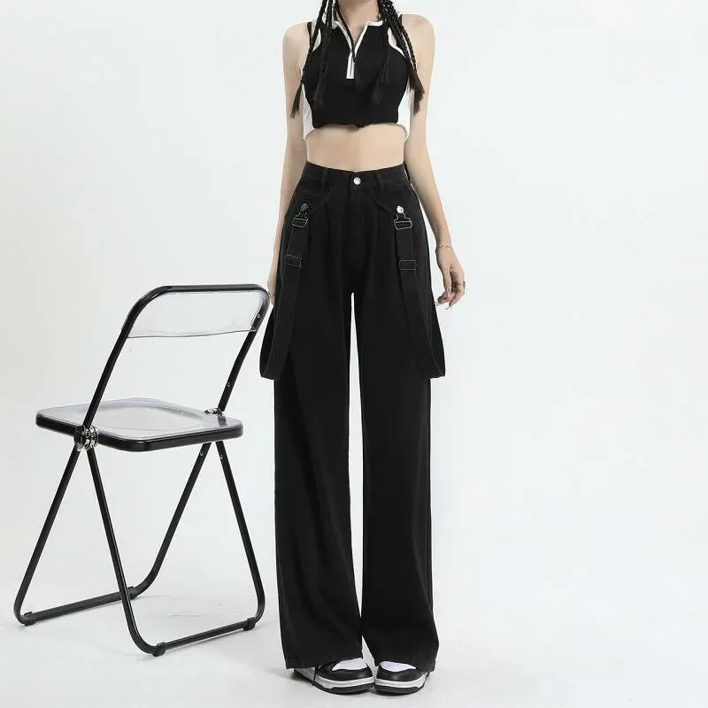 デニム レディース オーバーオール 黒 ワイドレッグパンツ サロペット ゆったり ハイウエスト ウォッシュ加工 綿 ズボン ボトムス パンツ M L XL ストレッチ カジュアル きれいめ 文芸風