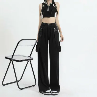 デニム レディース オーバーオール 黒 ワイドレッグパンツ サロペット ゆったり ハイウエスト ウォッシュ加工 綿 ズボン ボトムス パンツ M L XL ストレッチ カジュアル きれいめ 文芸風