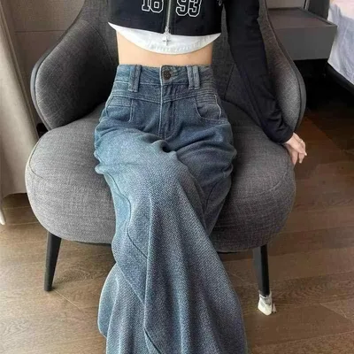 パンツ 女性用 春夏 牛仔 デニムパンツ コットン素材 中厚手 直筒 ハイウエスト ワイドレッグ ロング丈 ゆったりシルエット スリム効果 伸縮性 星空柄 ヴィンテージブルー ストリートスタイル 普段使い