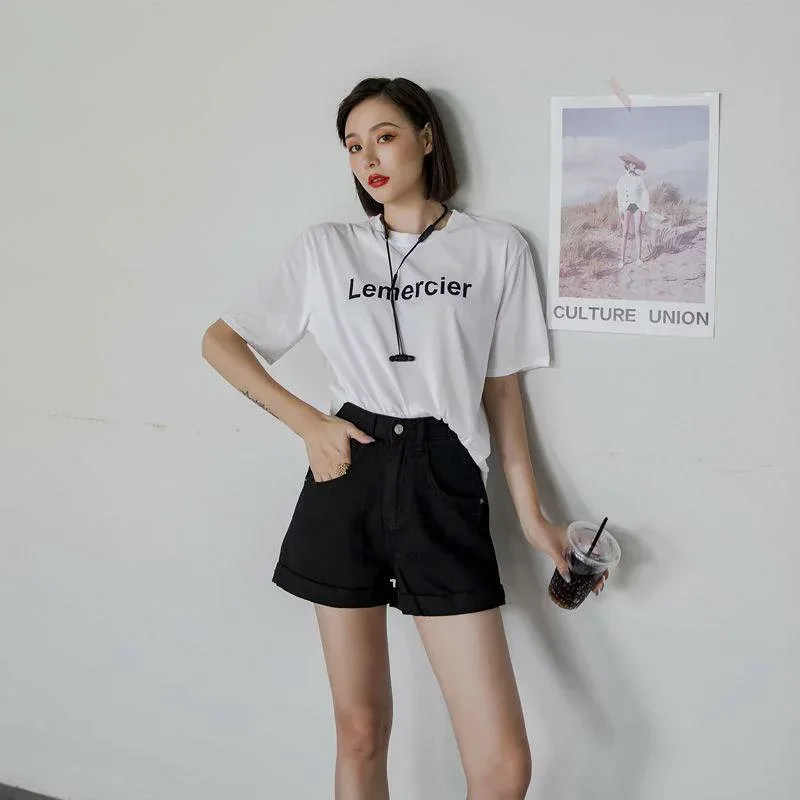 ショートパンツ レディース 高腰 デニム ジーパン 短パン Aライン ゆったり ロールアップ 薄手 黒 白 ブルー グレー 綿 普段使い