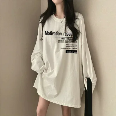 Tシャツ レディース コットン 長袖 ミドル丈 韓国風 ゆったり オーバーサイズ 大きいサイズ 体型カバー トップス カットソー カジュアル 普段使い 着心地良い 春秋