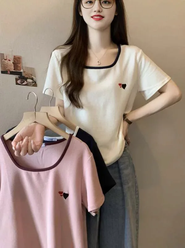 Tシャツ レディース 大きいサイズ 半袖 Uネック 刺繍 愛心 ゆったり 普段使い 韓国風 部屋着 ポリエステル 伸縮性