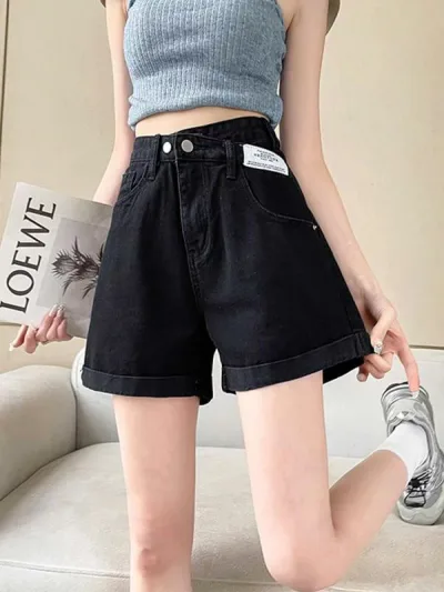 デニム ショートパンツ レディース 夏用 薄手 高腰 Aライン ワイドレッグ マイクロストレッチ コットン ポリエステル ブラック ブルー 韓国風 ゆったり すっきり デザイン 普段使い 快適 軽量 吸湿速乾