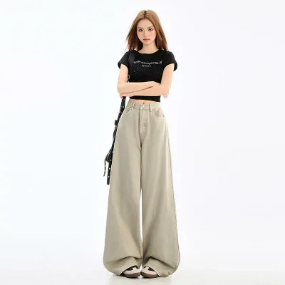 ワイドパンツ 女性用 春夏 デニム コットン 素材 高腰 ワイドレッグ ストレート ロング丈 ゆったり シルエット スリム効果 ミッドウェイト 日常使い 韓国風 カジュアル スタイル