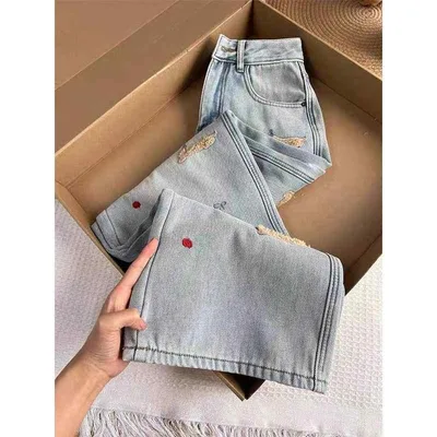 Women's Cow Pants, Spring/Autumn, Cute, Dog Embroidery, Denim, Material, Cool to the Touch, Stretchy, Moisture Absorbent, Quick Drying, Medium Weight, High Waist, Wide Legs, Straight, Long Length, Light Blue, Fuzzy Hem, Street, Casual, Everyday Use, Commuting, Lightweight, Switching Design, Big Silhouette