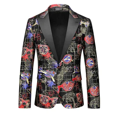 メンズ スーツ ジャケット ビジネス トップス 英倫スタイル 修身型 シングルブレスト ワンボタン 長袖 フラワープリント ポリエステル混紡 吸湿速乾 接触冷感 ブラック イエロー ブルー 日常 通勤 春夏 青年向け 後ろスリット ラウンドヘム ポケット