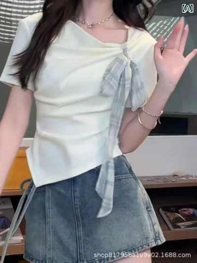 Tシャツ レディース 韓国風 Uネック 半袖 トップス カットソー 綿 修身 無地 杏色 ライトグレー ブルー 春夏