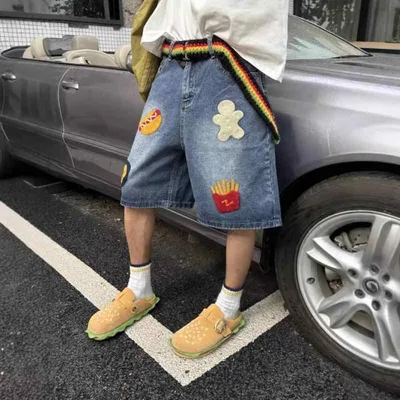 ショートパンツ メンズ デニム ヴィンテージ風 五分丈 ストレート ゆったり ワイドシルエット 刺繍 アメカジ ストリート系 ハーフパンツ