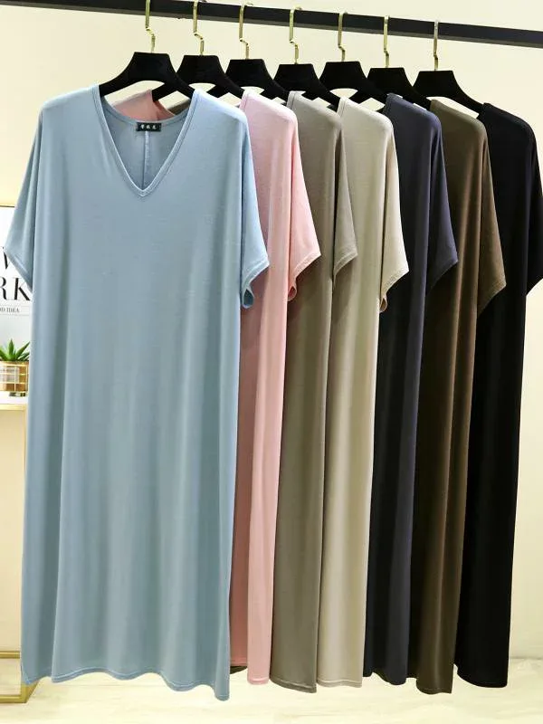 ワンピース レディース 春夏 半袖 Vネック 膝丈 ミモレ丈 Tシャツワンピ 薄手 モダール 無地 伸縮性 ストレッチ ゆったり 体型カバー 着痩せ 大きいサイズ ルームウェア 部屋着 普段使い 快適 カジュアル シンプル