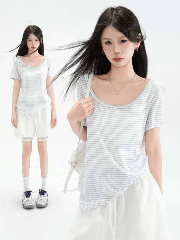 Tシャツ レディース 半袖 Uネック オフショルダー ストライプ柄 ブルー ホワイト スリムフィット トップス カットソー 韓国風 夏物