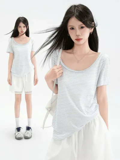 Tシャツ レディース 半袖 Uネック オフショルダー ストライプ柄 ブルー ホワイト スリムフィット トップス カットソー 韓国風 夏物