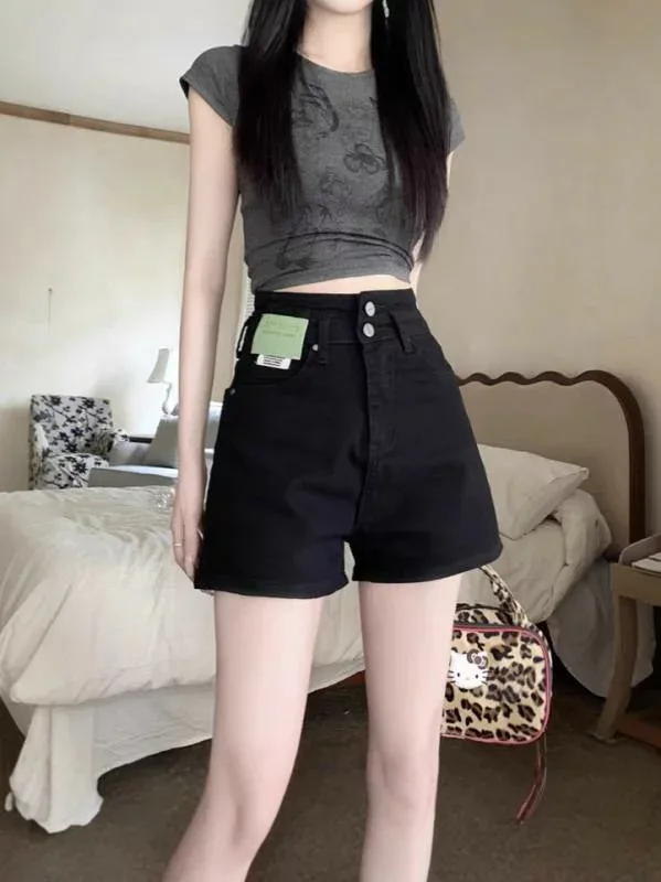 デニム ショートパンツ レディース ハイウエスト 春 夏 薄手 涼しい ゆったり 体型カバー 着痩せ aライン 広幅 ボトムス ハーフパンツ ホットパンツ カジュアル 旅行 普段使い 10代 20代 ブルー 青