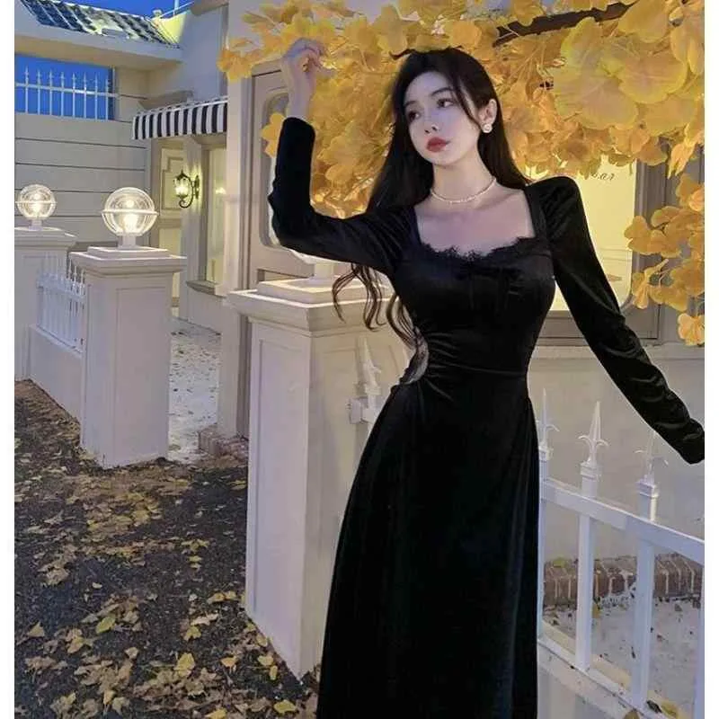 ワンピース レディース 長袖 ベルベット ベロア ロング Aライン フォーマル 結婚式 二次会 パーティー 演奏会 お呼ばれ 大人 きれいめ 上品 骨格ウェーブ 体型カバー 着痩せ ハイウエスト 無地 黒 秋 冬