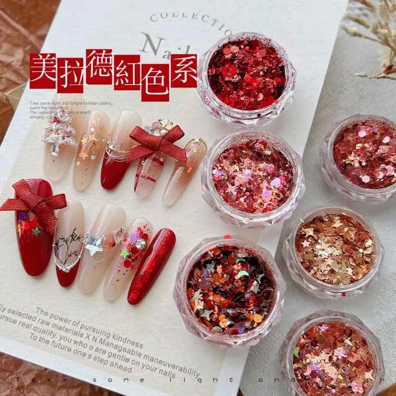 ネイルステッカー 赤 キラキラ 星 ハート 超薄 クリスマス 新年 ミックスカラー 輝くパウダー かわいい 冬用 爪用 シール グリッター デザイン
