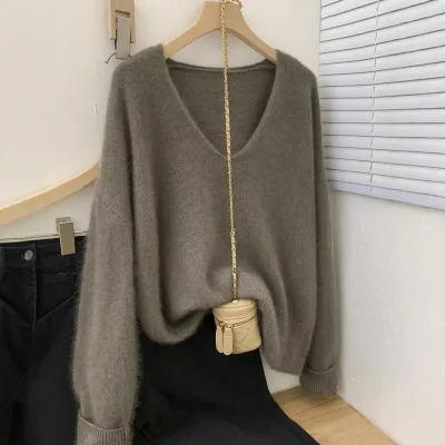 レディース ニットセーター Vネック 単色 ウール カシミア インナー ゆったり 秋冬 トップス 暖かみ 柔らかい素材 日常使い