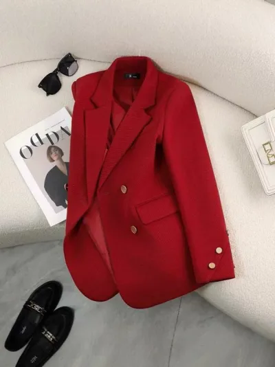 Women's Red Tailored Jacket Luxury Autumn/Winter Loose Casual Commuting Silhouette Blazer Stylish Fashion Tops