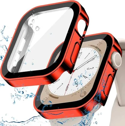 Apple Watch Cover 45mm Waterproof Integrated New Design 3D Right Angle Edge Ultra Thin PC+Glass Material High Transmittance Scratch Resistant Shockproof Full Protection Apple Watch Cover Series 11 / 10 / 9 / 8 / 7 / SE3 / SE2 / SE / 6 / 5 / 4 (45mm, Waterproof Red)