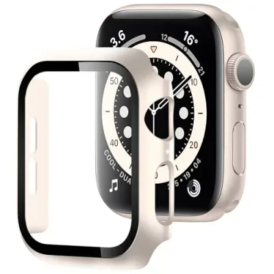 Apple Watch Cover Series SE3 / SE2 / SE / 6 / 5 / 4 40mm Apple Watch Case Ultra Thin PC + Glass Material Integrated Apple Watch Case Full Protection Ultra Thin Easy to Install Shockproof High Transmittance Anti-Fingerprint Anti-Scratch (40mm, Starlight)