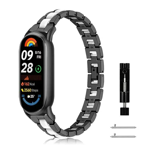 Xiaomi Smart Band 10 / 9 / 8 / Xiaomi Mi Band 10 / 9 / 8 ベルト バンド 樹脂交換ベルト ステンレス製 金属バンド 時計ストラップ 替えストラップ 防錆 耐久性のある 調整器具付き 調整簡単 ビジネス風 男女兼用 ( ブラック )