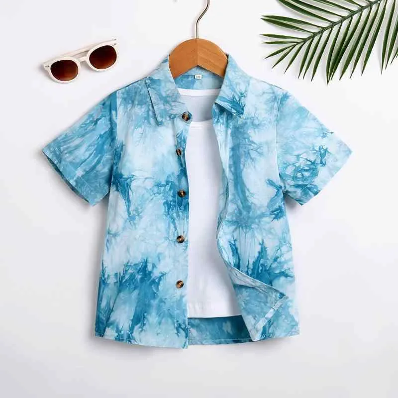 シャツ キッズ 男の子 夏用 半袖 プリント柄 襟付き 開襟シャツ カジュアルトップス 普段着 リゾート ビーチウェア 旅行 TATOYA 速乾 ポリエステル スカイブルー グリーン