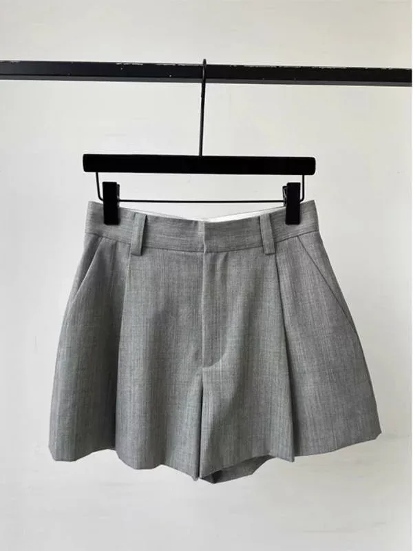 レディース ショートパンツ ハーフパンツ ハイウエスト ワイド ゆったり きれいめ カジュアル オフィス 通勤 美脚 脚長効果 春夏 グレー ボトムス 膝上 無地