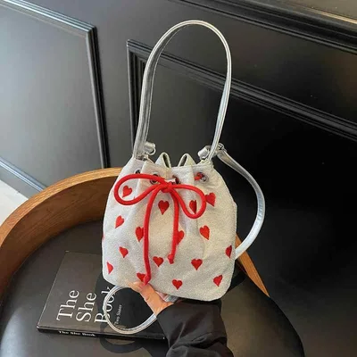 レディース バケツバッグ 巾着 ドローストリング ハート柄 刺繍 手提げ ハンドバッグ 高見え 大人かわいい きれいめ カジュアル お出かけ デイリー 鞄