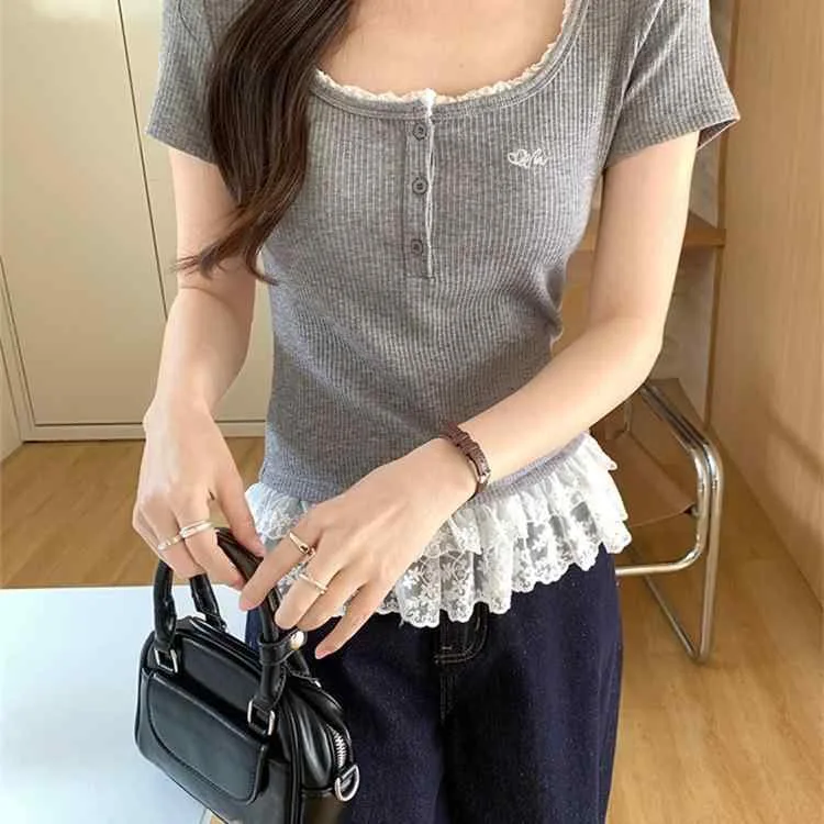 Tシャツ レディース 春夏 短袖 正肩 レース 切り替え バレエ風 インナー トップス 再生繊維 かわいい 甘辛