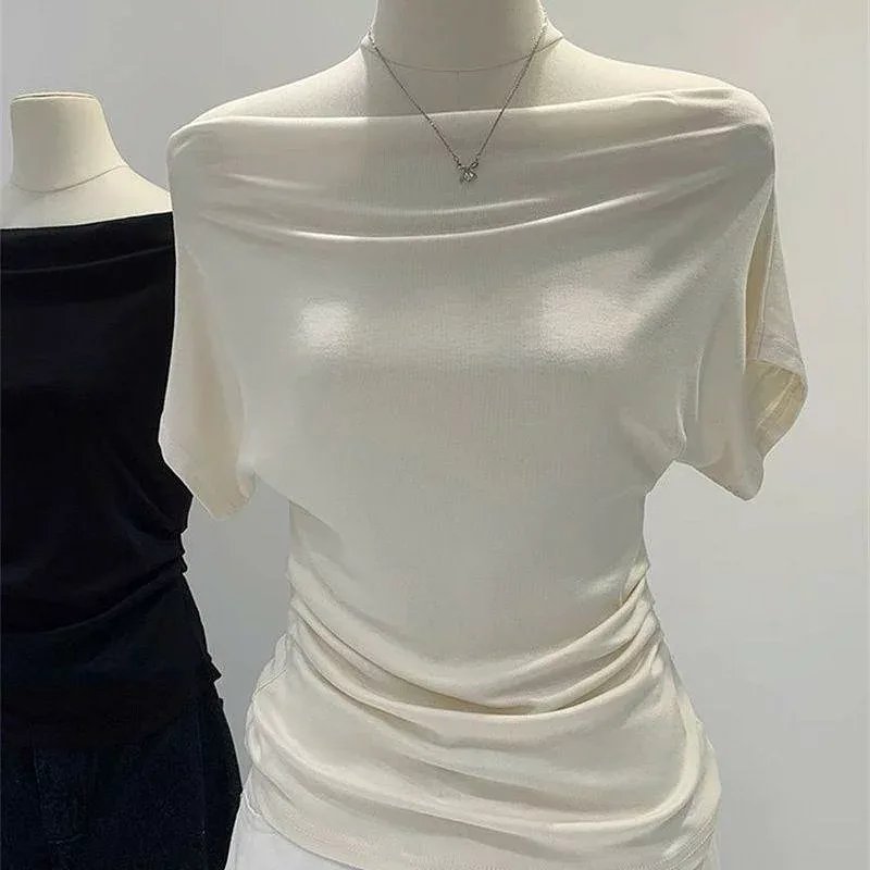 เสื้อยืดผู้หญิง ฤดูใบไม้ผลิ/ฤดูร้อน ไฟเบอร์ที่สร้างใหม่ ไหล่เดี่ยว ปิดไหล่ แขนสั้น ทรงเข้ารูป สัมผัสนุ่ม ไหล่เปิด เสื้อท่อนบน มีสติ ใช้ทุกวัน น้ำหนักเบา เดินทางไปทำงานหรือไปโรงเรียน