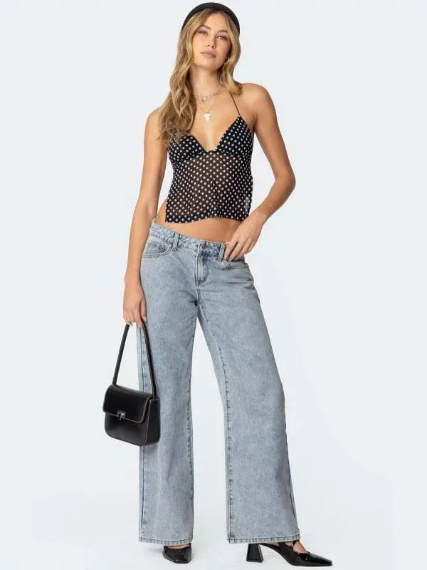 キャミソール レディース ポルカドット バックレス ハルターネック ストラップ スリムフィット セクシー トップス 修身 露背 吊帯 掛脖 辣妹 小背心 上衣