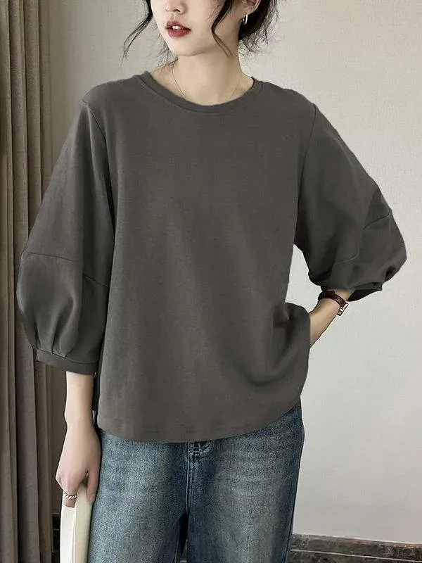 Tシャツ レディース 春夏 レトロ 灯籠袖 七分袖 カジュアル トップス ベーシック 日常使い 軽やか 吸湿速乾 綿素材 ブラック ピンク系