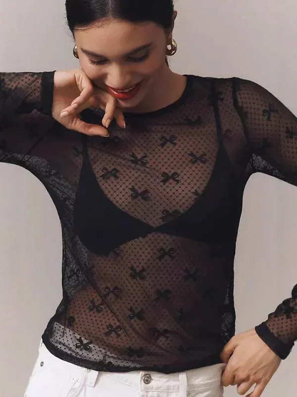 เสื้อยืดแขนยาวโปร่งใสครึ่งคอของผู้หญิง,เสื้อลูกไม้ตาข่าย Y2K เซ็กซี่,ซีทรู,น้ำหนักเบา,ดูดซับความชื้น,แห้งเร็ว,ฤดูใบไม้ผลิ/ฤดูร้อน,ฤดูใบไม้ร่วง/ฤดูหนาว,ทำงาน,โรงเรียน,ชุดลำลอง