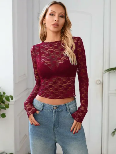 レディース 春夏 レース 長袖 クロップド ブラウス スリムフィット ナイトアウト 私服 トップス かわいい 修身 上衣 短め セクシー風 夜店向き