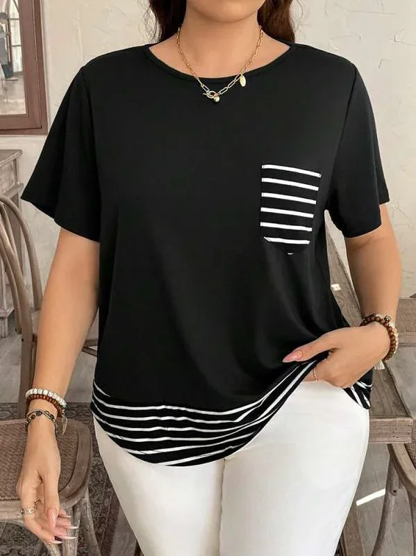 レディース 春夏 トップス 切り替え ストライプ ラウンドネック ゆったり 半袖 フェイクツーピース Tシャツ フィット 日常使い 軽やか 吸湿速乾 コットン混 ブラック ホワイト ピンク系