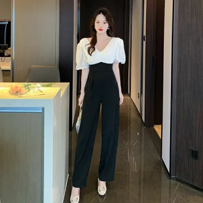 オールインワン パーティードレス かっこいいパンツドレス 大きいサイズ レディース ジャンプスーツ 袖あり 半袖 パンツ ハイウエスト 無地 シンプル ゆったり 体型カバー