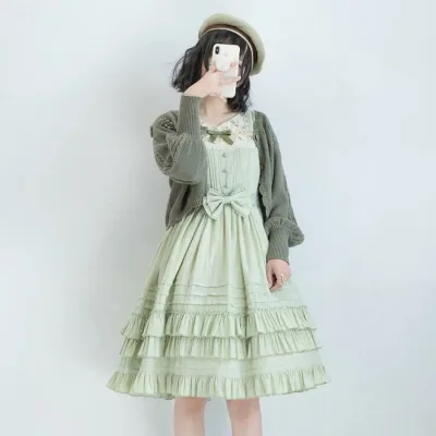 ロリータ ジャンパースカート 春夏 新作 森ガール クラッシック ドレス ワンピース ヘッドドレス付 4色展開 刺繍 リボン クラロリ CLA