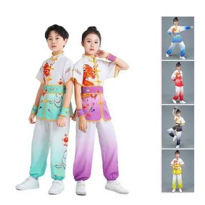 子供武術服 カンフーウェア 演武服 太極拳服 キッズ 上下セット 6色 グラデーション 長袖 半袖 男の子 女の子 舞台衣装 演出服 中華風
